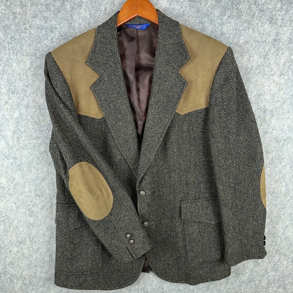 Pendleton Blazer Mens 42 Brown Herringbone Western Suede Yoke Elbow Patch Coat